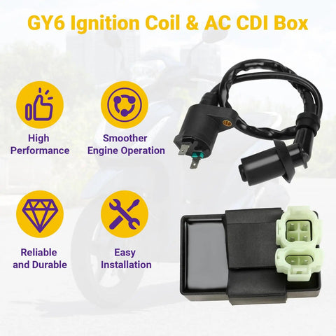 Gy6 Ignition Coil With 6 Pin AC CDI Box Kit for 50cc 125cc 150cc scooters, shown with ignition coil and CDI box, overlaid text.