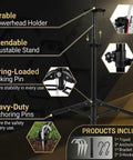 Heavy Duty Tripod Stand For Propane Tankless Water Heaters With Adjustable Folding Outdoor Water Heater Stand For Camping Patio RV Backyard S Hook Compatible With Most Portable Gas Water Heaters Propane Not Included showing features like adjustable height, spring-loaded locking pin, and sturdy anchoring pins.