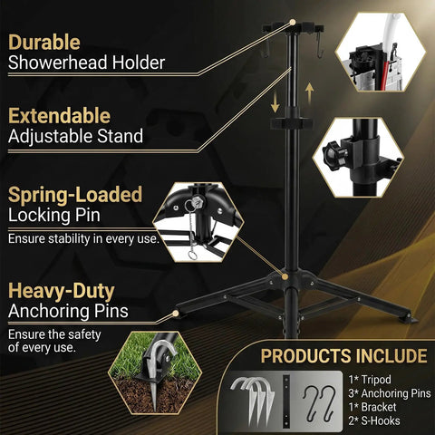 Heavy Duty Tripod Stand For Propane Tankless Water Heaters With Adjustable Folding Outdoor Water Heater Stand For Camping Patio RV Backyard S Hook Compatible With Most Portable Gas Water Heaters Propane Not Included showing features like adjustable height, spring-loaded locking pin, and sturdy anchoring pins.