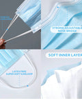Straight Up Super Comfy Blue Disposable Face Masks Made In Usa Medical Grade 3 Ply Astm Level 1 Filtered Ear Loops showing elastic ear loops and soft inner layer.