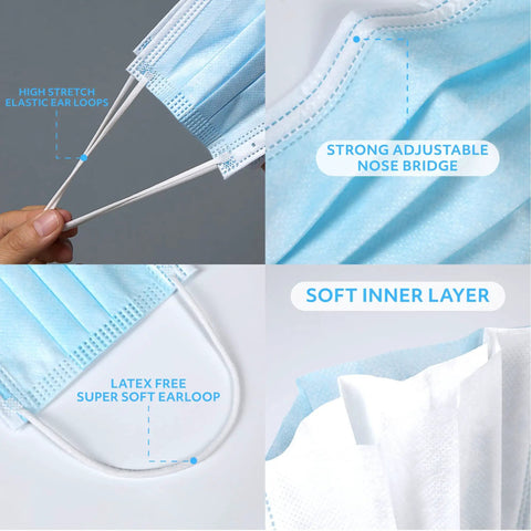 Straight Up Super Comfy Blue Disposable Face Masks Made In Usa Medical Grade 3 Ply Astm Level 1 Filtered Ear Loops showing elastic ear loops and soft inner layer.