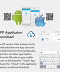 App download instructions for TTLock with Android and Apple logos, QR codes, and mobile device screens.