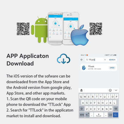 App download instructions for TTLock with Android and Apple logos, QR codes, and mobile device screens.