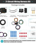 Components of a 21 Circuit Wiring Harness Kit with wiring, fuses, and connectors for universal fit in GM, Ford, Mopar hot rods and ratrods.