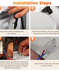 Installation steps for washer lid lock kit including wire connections, harness placement, and securing clips.