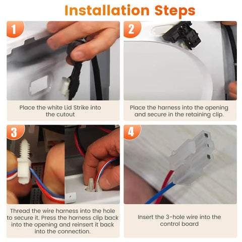 Installation steps for washer lid lock kit including wire connections, harness placement, and securing clips.