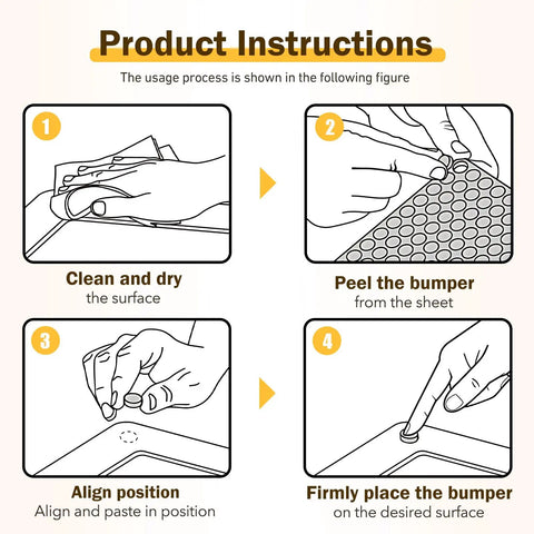 Installation instructions for Clear Silicone Cabinet Door Bumpers Set Of 160 Round Half Inch Diameter Super Sticky Self Adhesive Cushions.