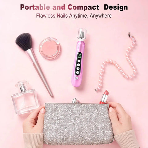 Beast Mode Heavy Duty Electric Nail Drill And Cordless Nail File Rechargeable Professional Manicure Kit With Ten Grinding Heads For Flawless Gel Removal And Salon Grade Home Pedicures Rose Pink on a pink background with cosmetics.