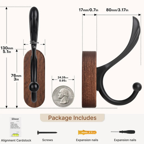 4 Pack Wall Mounted Coat Hooks Heavy Duty Double Design Hang Your Fits Smoothly Premium Walnut Wood Black Metal Frame dimensions with bullet.