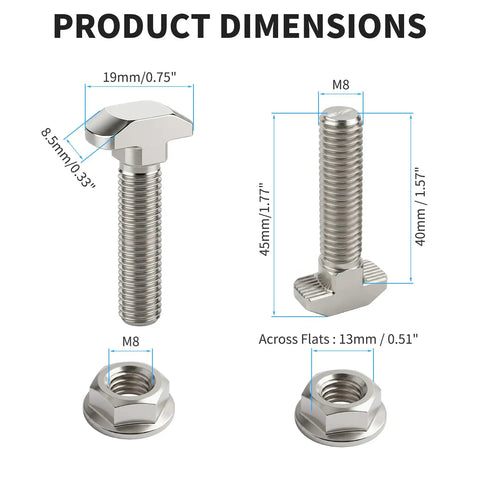 Premium M8 X 40mm T Slot Bolts With Matching Flange Nuts Compatible With 45 Series Aluminum Extrusion Profiles showing detailed dimensions.