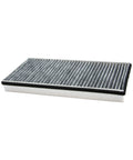 Premium Activated Carbon Cabin Air Filter For Porsche 911, Boxster, Cayman shown in side view, rectangular carbon media design.