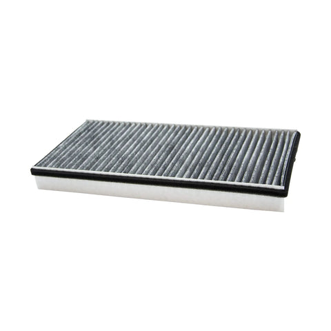 Premium Activated Carbon Cabin Air Filter For Porsche 911, Boxster, Cayman shown in side view, rectangular carbon media design.