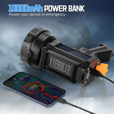Rechargeable Spotlight Flashlight With Solar Panels, 1000 Lumen Beast Outdoor Handheld Light charging phone via USB