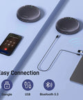 All In One Conference Speakerphone With Eight Mic Array Plus Satellite Mic, connecting via Bluetooth and USB