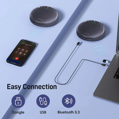 All In One Conference Speakerphone With Eight Mic Array Plus Satellite Mic, connecting via Bluetooth and USB