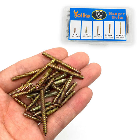50 Pack Assorted Hanger Bolts Kit With Six Lengths Including 5/32-32 Thread, close-up of bolts in hand and package