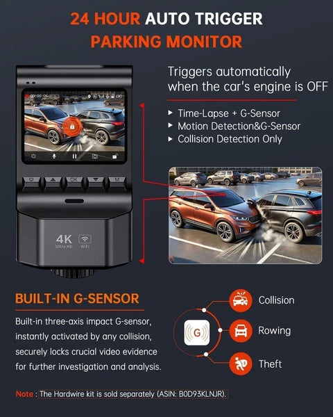 Dual 4K Front And Rear Dash Cam With 1080P Backup, Built In Wi Fi GPS, 32GB Card Included showing parking monitor feature
