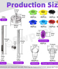 Diagram showing sizes and colors of the Multi Color 3/16 Inch Metal Flower Eyelets And Round Grommets Kit with installation tools.
