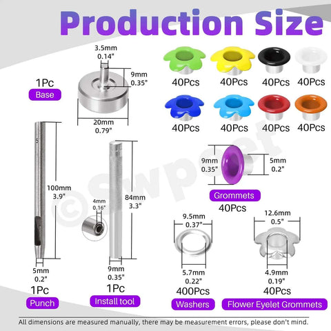 Diagram showing sizes and colors of the Multi Color 3/16 Inch Metal Flower Eyelets And Round Grommets Kit with installation tools.