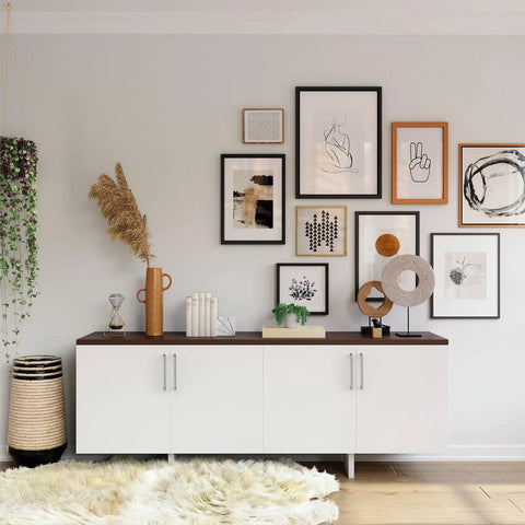 White cabinet with 10 Pack 5 Inch Cabinet Handles Brushed Satin Nickel Zinc Alloy Pulls underneath decorative wall art