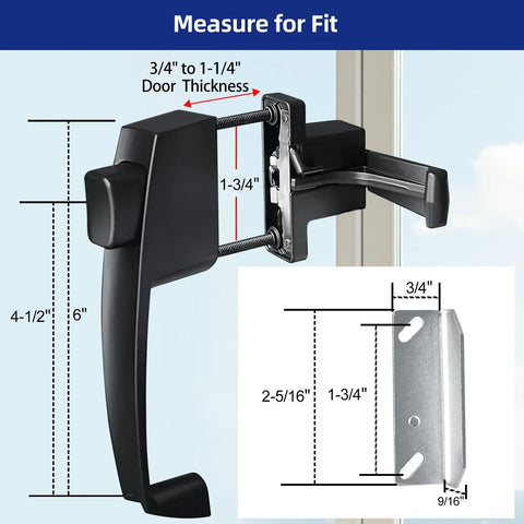 Screen And Storm Door Push Button Latch Handle Set With Night Lock, Aluminum Alloy Construction, Weather Resistant, Rust Proof, No Hassle Install, Durable Replacement For Screen Doors And Storm Doors, Secure Entry And Night Privacy. Black latch dimensions guide