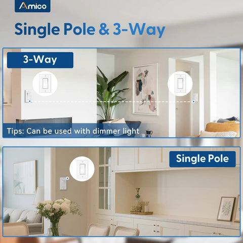 30 Pack Decorator Single Pole And 3 Way Light Switches UL Listed Ideal For Hallways And Large Rooms Easy Install For DIY Home Wiring And Quick Home Upgrades. 3-way and single-pole white wall switch shown in living room and kitchen