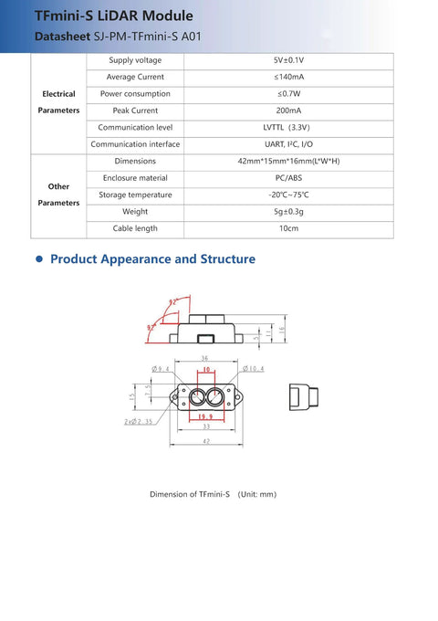 TFmini-S LiDAR Module High Precision ToF Laser Radar Distance Sensor for Robotics and Automation Builds, technical drawing.