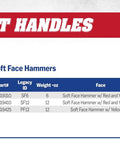 Soft Face Hammer With Two Faces Soft Red For Delicate Surfaces And Hard Yellow For Tough Jobs Your Go To 12 Oz Drop Forged American High Carbon Steel Head Made In The USA SF12 VN19410 product packaging image with replacement handles details.
