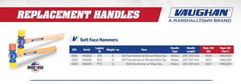 Ball Pein Hammer Replacement Handle 11 Inch Hickory Wood Made in the USA, shown with product chart and Vaughan logo