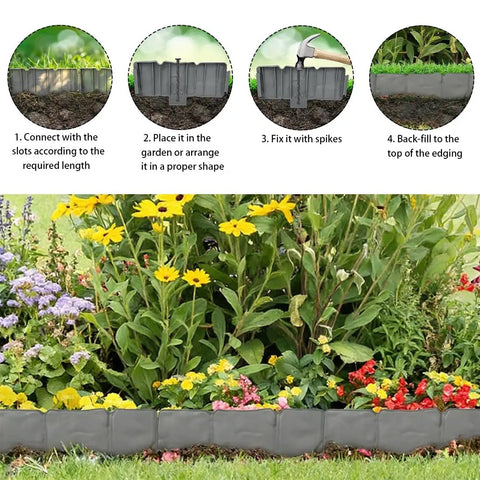Diagram showing installation of 24 Foot Stone Look Landscape Edging Kit With 30 Panels And 30 Anchoring Spikes, 4 Inch Tall Garden Border Fence
