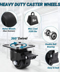 Heavy Duty Caster Wheels Set of 4, Locking Swivel Plate Casters, 2200 Lb Capacity, Ultra Low Center Gravity Anti Tip Design