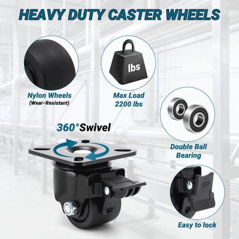Heavy Duty Caster Wheels Set of 4, Locking Swivel Plate Casters, 2200 Lb Capacity, Ultra Low Center Gravity Anti Tip Design