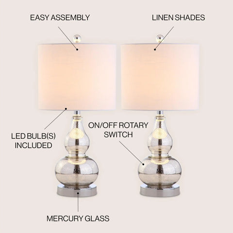 Set of two Mercury Silver Glass Table Lamp With Slick Modern Gourd Look White Linen Shade Bedside Nightstand Light For Bedroom And Living Room LED Bulb Included ETL Listed with easy assembly and on/off rotary switch.