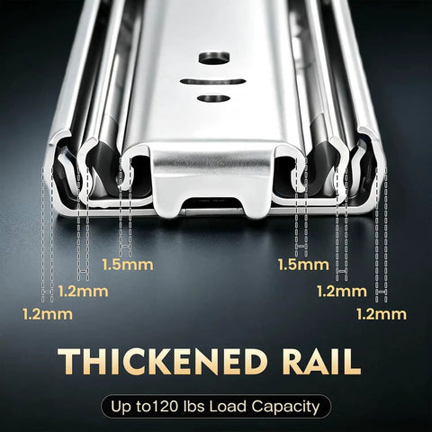 Close-up view of 120 Lb Heavy Duty 22 Inch Side Mount Drawer Slides Full Extension Soft Close Glides thickened rail.