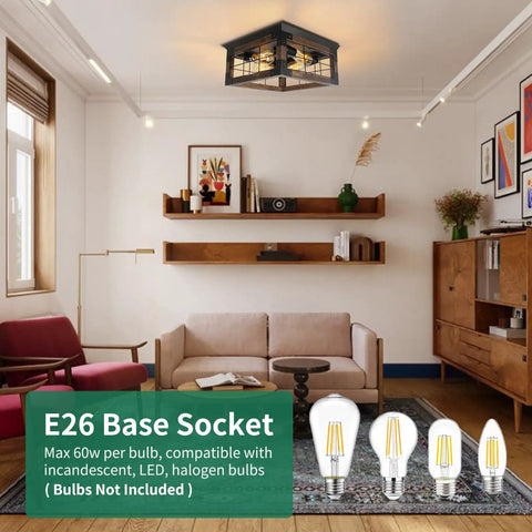 Rustic Wood Four Light Flush Mount Ceiling Fixture With Open Geometric Cage in cozy living room setting, E26 base shown