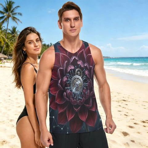 Premium Mens Workout Tank Top With Dope Mechanical Flower Gears Stars Print worn by man on beach, quick dry mesh, sleeveless, relaxed fit.