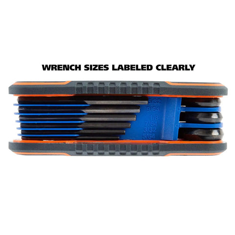 25 Piece Folding Hex Key Set SAE And Metric With Color Coded Bodies And Labeled Sizes Allen Wrenches Folding Side View