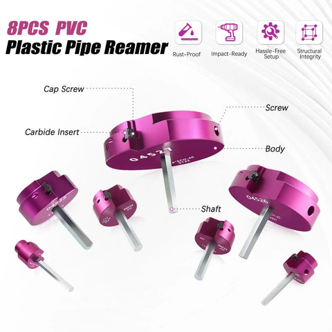 Eight Piece PVC Pipe Reamer Kit With Carbide Tips And Beefy Aluminum Body Fits SCH 40 PVC CPVC ABS Pipes From Half Inch