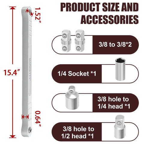 Offset Extension Wrench For Tight Spaces, Impact Ready And Hella Handy, 15.4 in, silver, with 3/8, 1/4, 1/2 in adapters