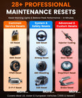 Chart showing 28+ maintenance resets including oil, BMS, TPMS, SAS, injector coding, and gear for DS500BT Bidirectional Scan Tool.