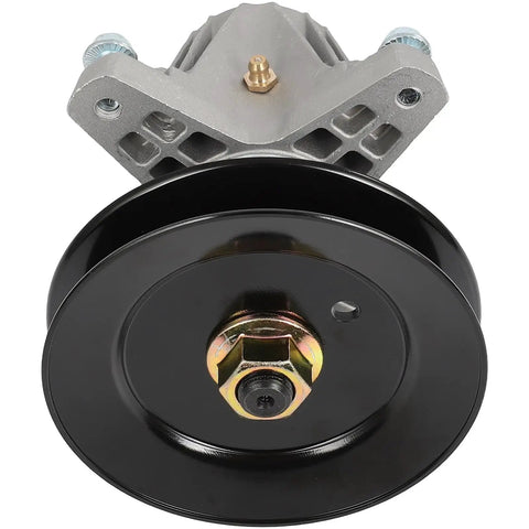 Fresh 50 Inch Mower Deck Rebuild Kit For Craftsman Z5600 Z5650 With Premium Drive Belt Three Heavy Duty Spindle Assemblies And Sharp Blades To Keep Your Lawn Looking Absolute Sick. Black mower deck spindle assembly with pulley, close-up