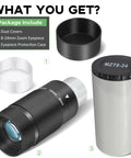 Stepless Zoom 1.25 Inch Telescope Eyepiece 8 to 24mm with dust covers and protection case displayed.