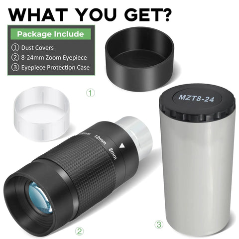 Stepless Zoom 1.25 Inch Telescope Eyepiece 8 to 24mm with dust covers and protection case displayed.