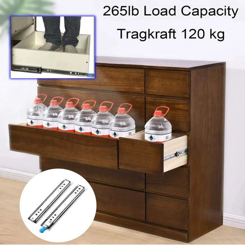 Beefy 550mm full extension drawer slides with lock and ball bearing guide rails 120kg load capacity in use with heavy drawers