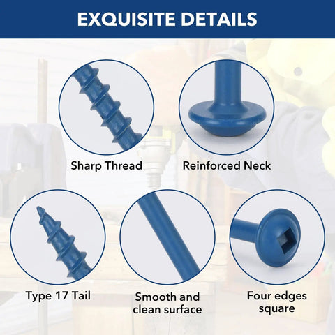 Detailed view of Heavy Duty Pocket Hole Screws Coarse Thread Wood Fasteners showing sharp thread, reinforced neck, type 17 tail.