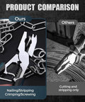 Product comparison of All In One 9 Inch Electrician Pliers with competitor pliers for nailing and stripping.