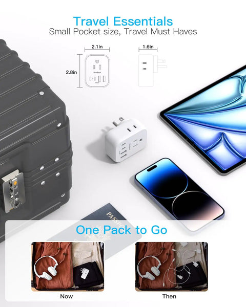 Image showing Compact Cube Power Strip With Three USB Ports And USB C Non Surge Protector next to a suitcase and phone.
