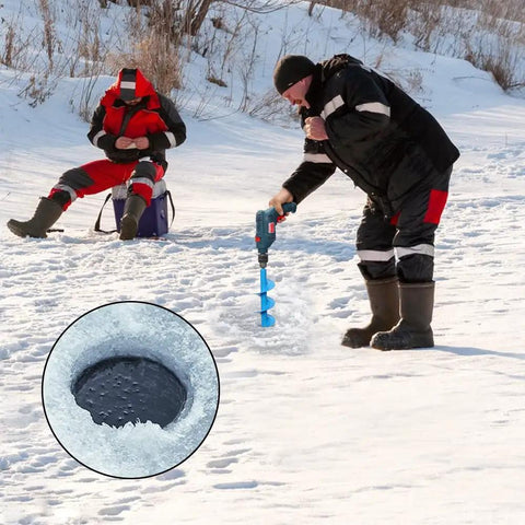 Man using 16 Inch by 4 Inch Upgraded Auger Drill Bit With Thickened Sharp Blades and Tungsten Carbide Cemented Blades for ice fishing