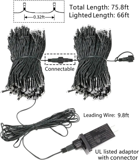 Patriotic 200 LED Red White Blue String Lights Indoor Outdoor 75.8 Ft Extendable Green Wire Waterproof Mini Lights