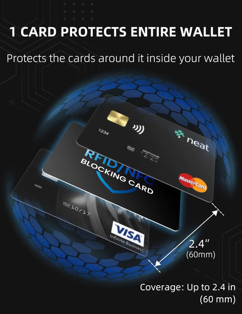 Image showing RFID Blocking Card from 6 Pack No Skimming Wallet Shield Anti Theft NFC Blocker, visa card, and Mastercard inside a wallet.